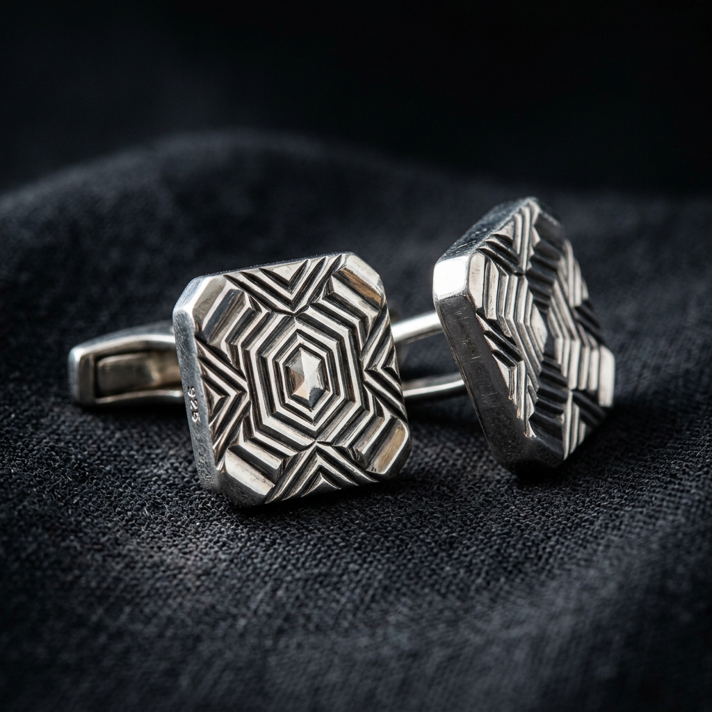 Bespoke custom-designed sterling silver cufflinks with geometric patterns