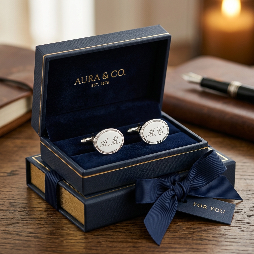 Personalised cufflinks presented in luxury gift box with navy velvet lining