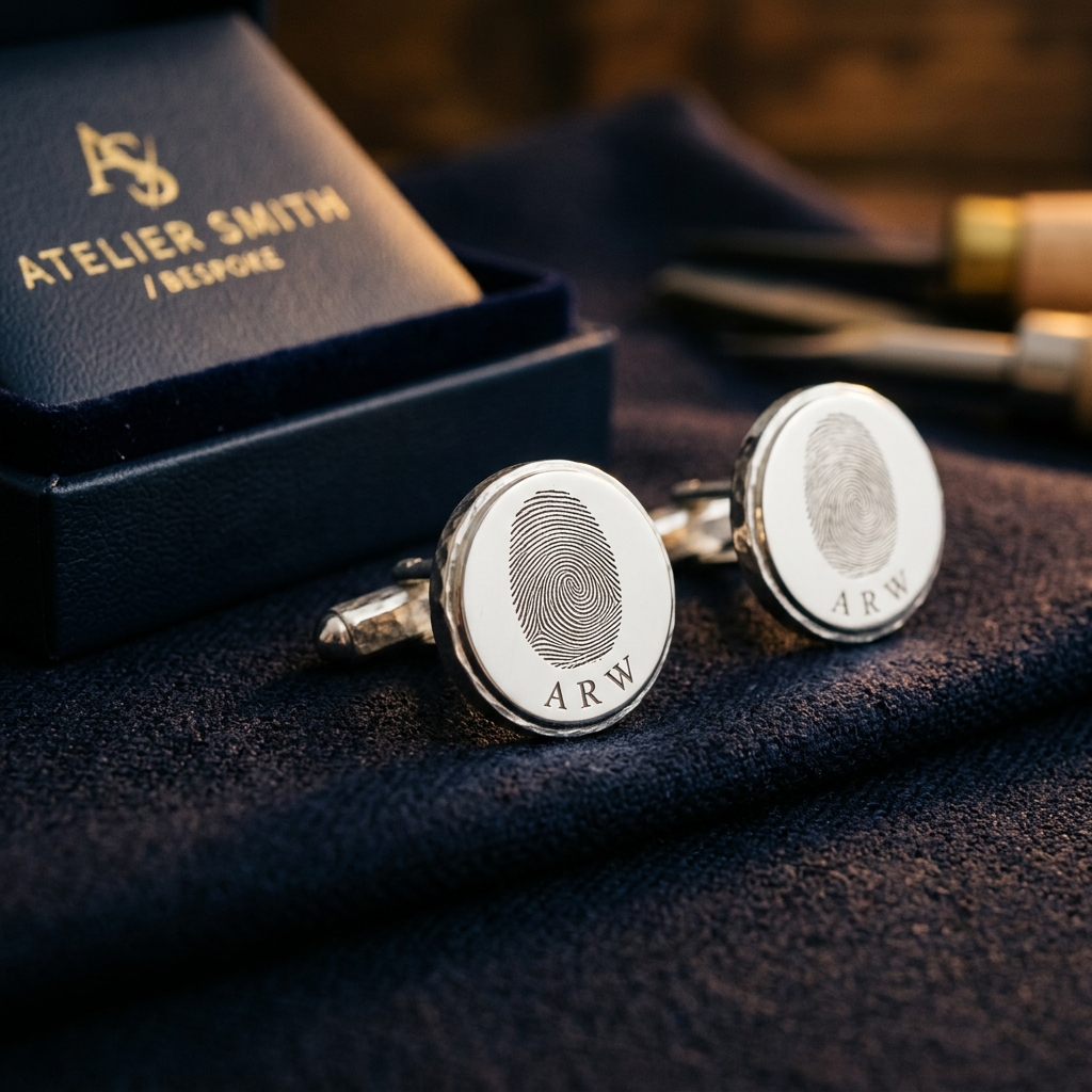 Bespoke personalised cufflinks on dark suit fabric with engraving tools and warm workshop lighting