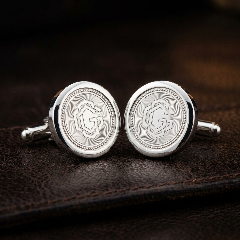 Polished sterling silver cufflinks pair on dark leather surface