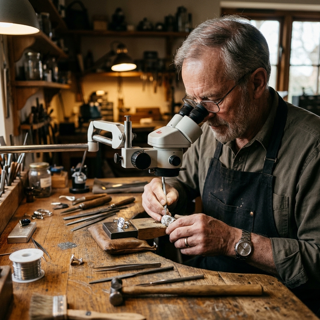 Jeweller Chris Parry crafting cufflinks at his Kent workshop bench